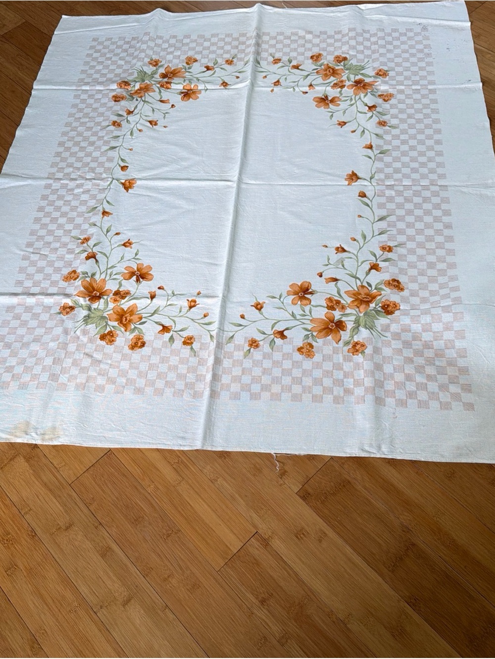 Vtg Square Tablecloth Off White Linen Subtle Checkered Border Orange Garland